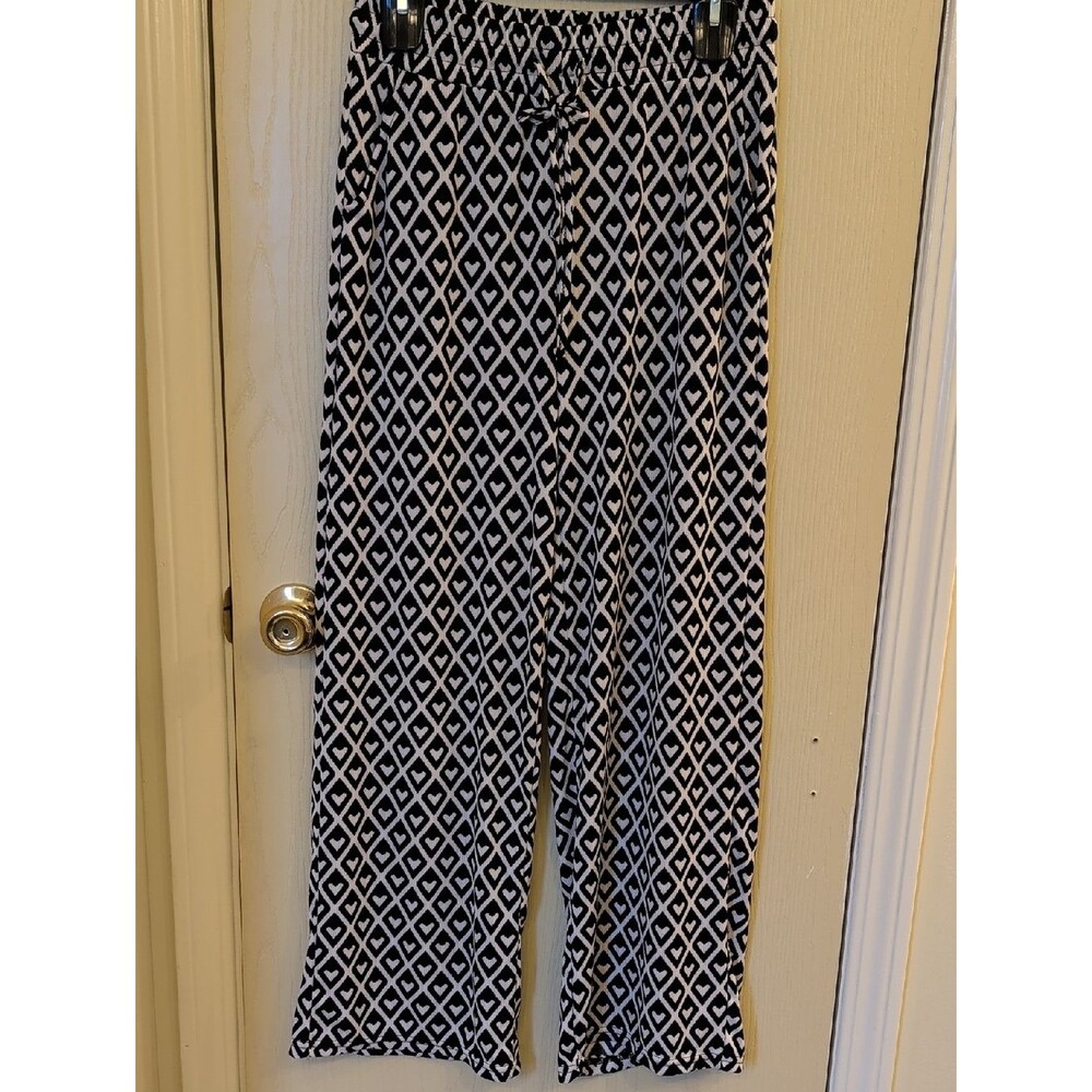 Printed Blk/Wht Wide-Leg Pants Drawstring Elastic Waist Stretch Knit - Size M/L